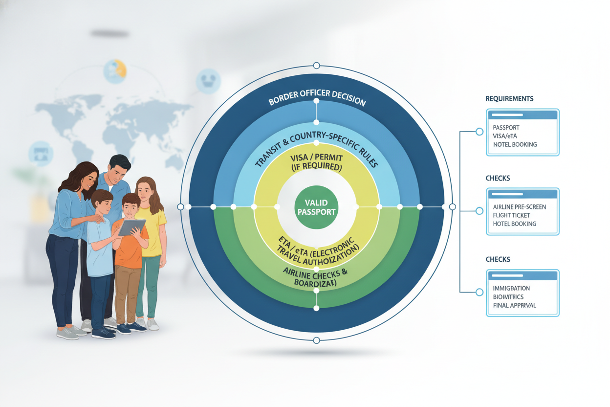 Layered diagram showing how an eTA fits alongside passports, visas, permits, and border checks