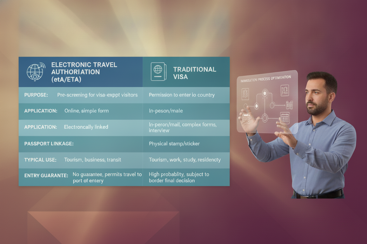 Comparison graphic showing the difference between an electronic travel authorization and a traditional visa