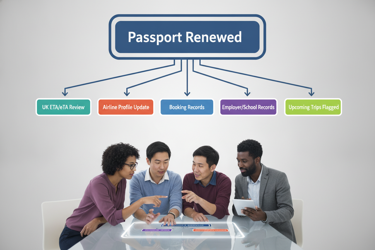 Flowchart showing how passport renewal affects authorizations, airline profiles, and other travel records.