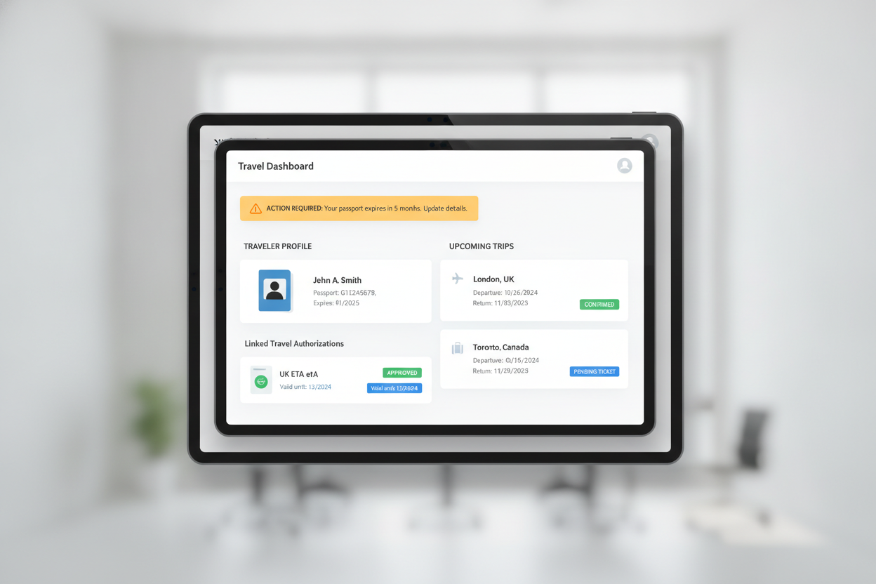 UI mockup of a dashboard showing multiple travel authorizations linked to one passport record.