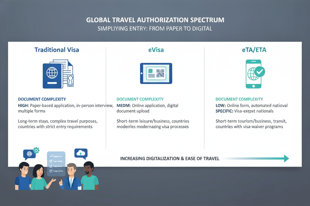 Illustration comparing traditional visa, eVisa, and eTA on a travel authorization spectrum