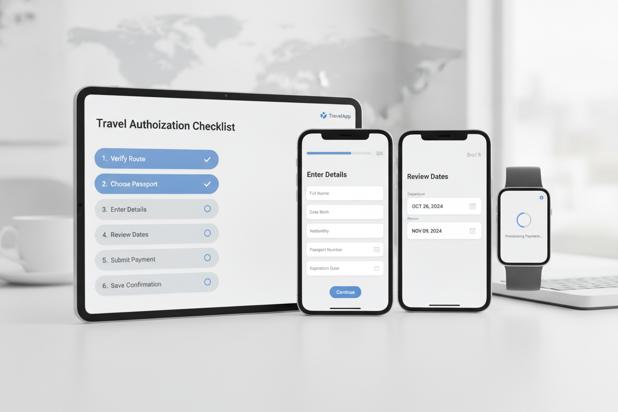 UI mockup of an eTA application checklist with passport details, email, payment, and confirmation steps