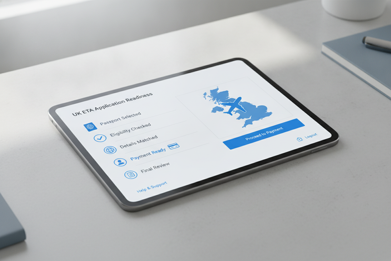 UI-style checklist showing the main steps to prepare and apply for a UK ETA