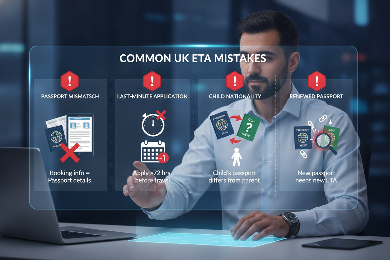 Visual diagram of common UK ETA mistakes such as passport mismatch, late application, and unchecked family members
